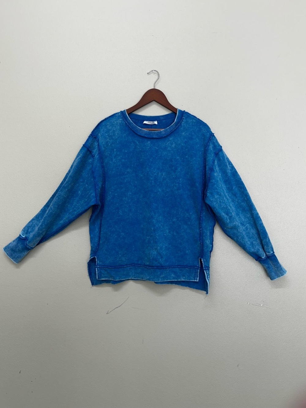 Zenana Outfitters Bright Blue Distressed Crewneck Sweatshirt